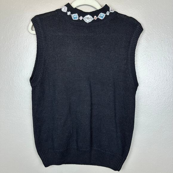 VTG Women's Side Lines Knit Blouse Large Black Rhinestones Mock Neck Sleeveless - Picture 1 of 6